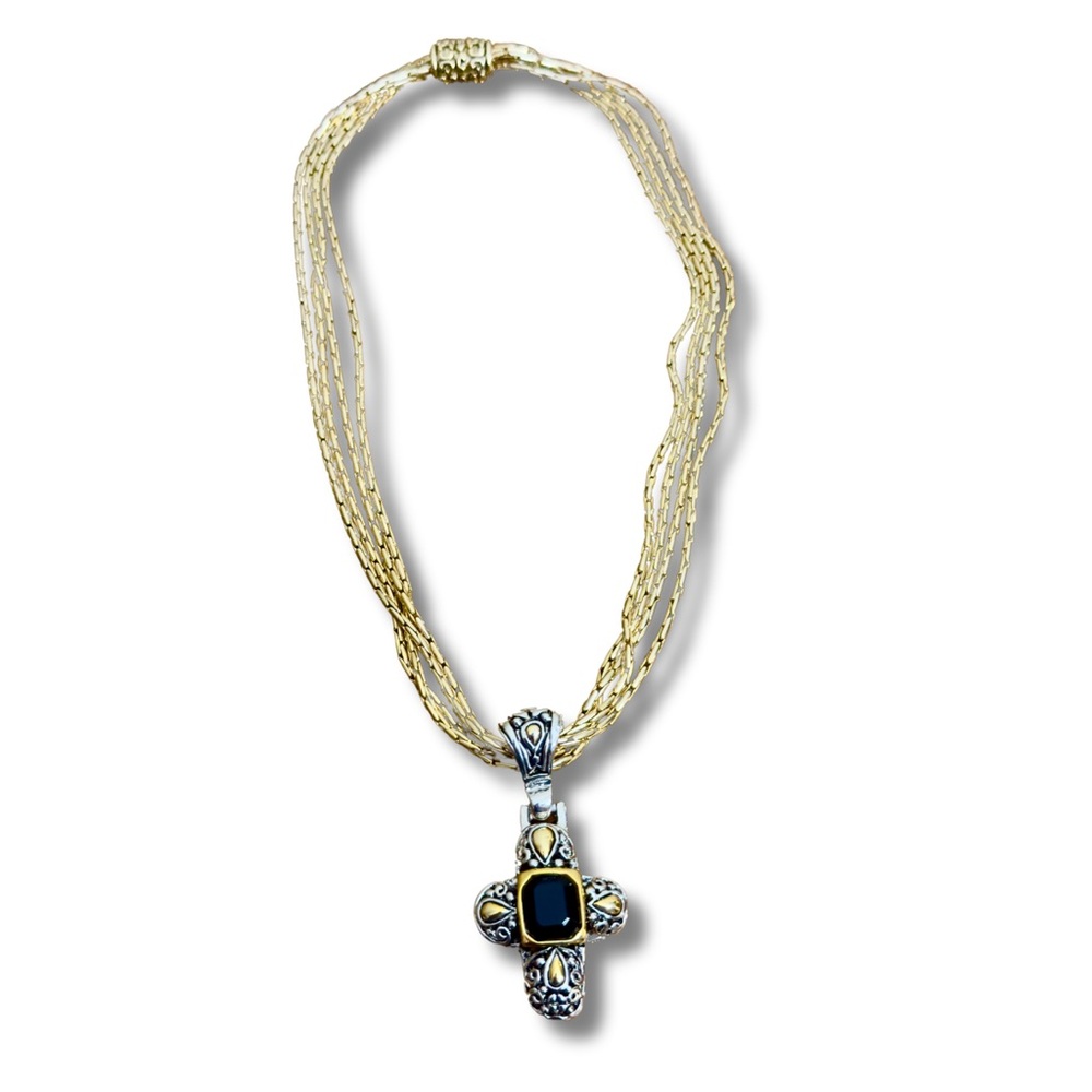 CROSS Pendant & NECKLACE Silver/Gold Metal Filigree Magnetic Closure Black Stone - Picture 8 of 9